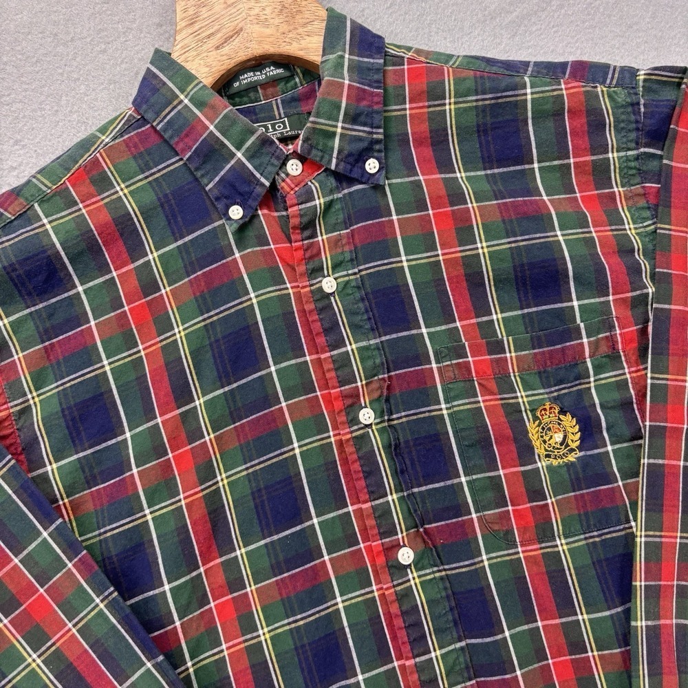VTG‎ Ralph Lauren Shirt Mens XL Multicolor Plaid Crest Button Down Made In USA